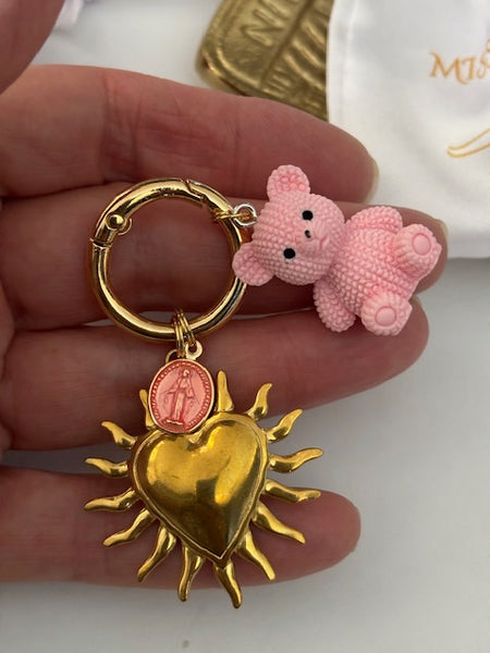 Charms ex voto médaille religieuse, porte clé ourson, cadeau pour maman ourson, cadeau femme cœur ours, breloque médaille religieuse