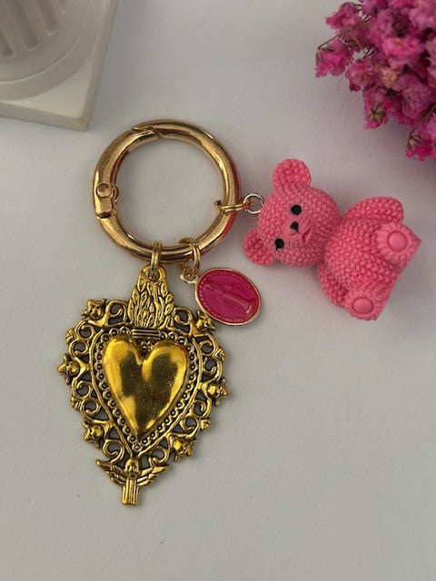 Charms ex voto médaille religieuse, porte clé ourson, cadeau pour maman ourson, cadeau femme cœur ours, breloque médaille religieuse