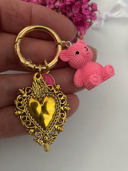 Charms ex voto médaille religieuse, porte clé ourson, cadeau pour maman ourson, cadeau femme cœur ours, breloque médaille religieuse