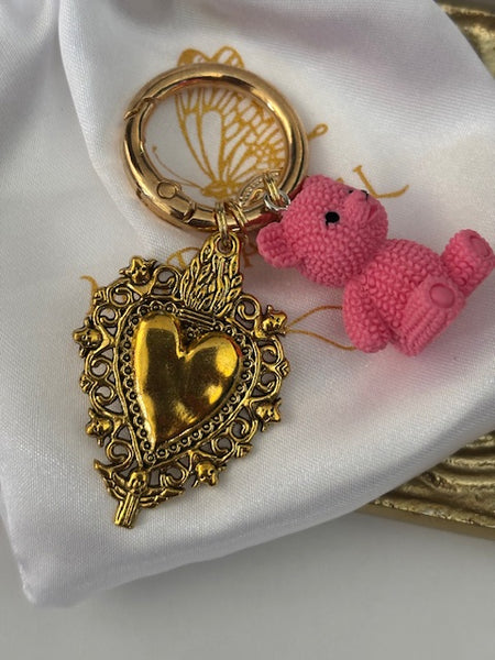 Charms ex voto médaille religieuse, porte clé ourson, cadeau pour maman ourson, cadeau femme cœur ours, breloque médaille religieuse