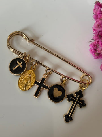 Broche ex voto, broche médaille religieuse, broche épingle porte bonheur, croix et vierge miraculeuse fait main, broche protection croix