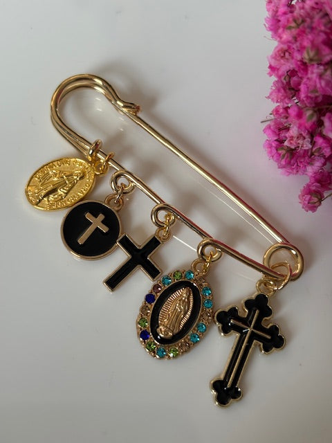 Broche ex voto, broche médaille religieuse, broche épingle porte bonheur, croix et vierge miraculeuse fait main, broche protection