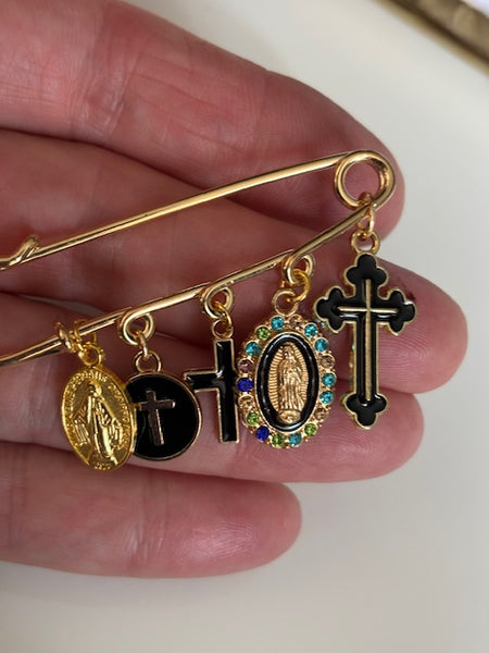 Broche ex voto, broche médaille religieuse, broche épingle porte bonheur, croix et vierge miraculeuse fait main, broche protection