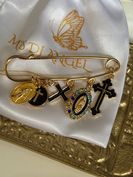 Broche ex voto, broche médaille religieuse, broche épingle porte bonheur, croix et vierge miraculeuse fait main, broche protection
