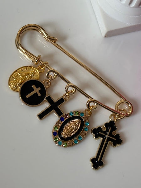 Broche ex voto, broche médaille religieuse, broche épingle porte bonheur, croix et vierge miraculeuse fait main, broche protection