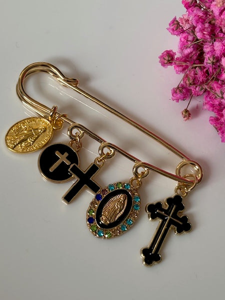 Broche ex voto, broche médaille religieuse, broche épingle porte bonheur, croix et vierge miraculeuse fait main, broche protection