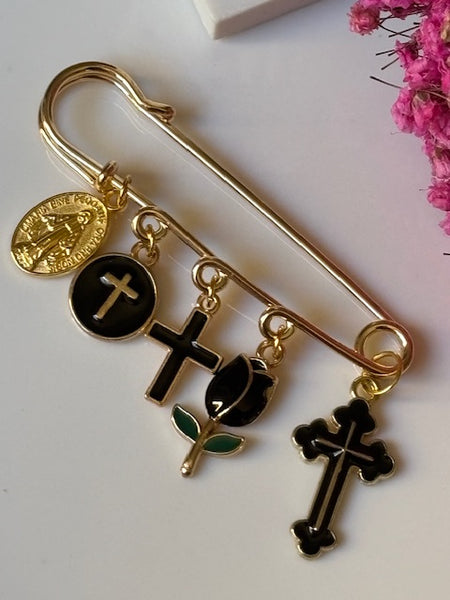 Broche ex voto, broche médaille religieuse, broche épingle porte bonheur, croix et vierge miraculeuse fait main, broche protection tulipe
