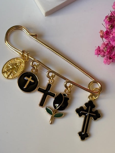 Broche ex voto, broche médaille religieuse, broche épingle porte bonheur, croix et vierge miraculeuse fait main, broche protection tulipe