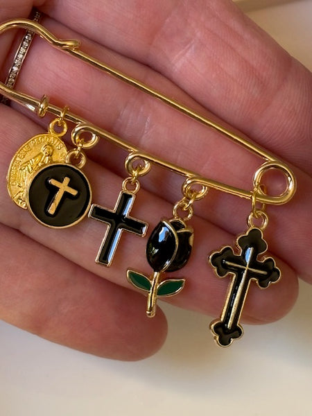 Broche ex voto, broche médaille religieuse, broche épingle porte bonheur, croix et vierge miraculeuse fait main, broche protection tulipe