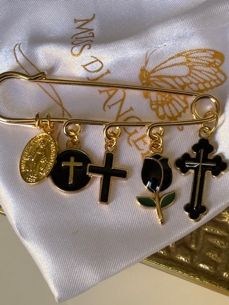 Broche ex voto, broche médaille religieuse, broche épingle porte bonheur, croix et vierge miraculeuse fait main, broche protection tulipe