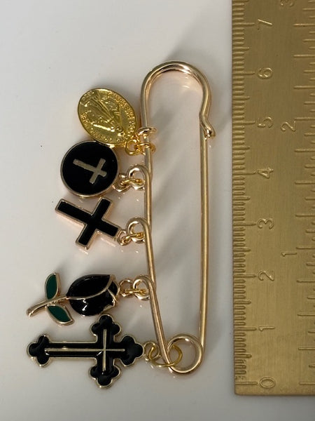 Broche ex voto, broche médaille religieuse, broche épingle porte bonheur, croix et vierge miraculeuse fait main, broche protection tulipe
