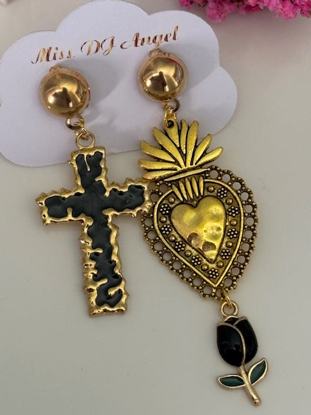 Boucles d'oreilles ex voto, boucles d'oreille coeur sacré, breloque croix et coeur sacré, pendentif ex voto, cadeau religieux cérémonie