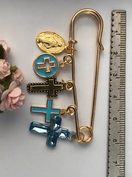 Broche ex voto, broche croix et médaille religieuse, broche rose croix, cadeau pour maman croix, cadeau cérémonie croix bleue, croix kawai