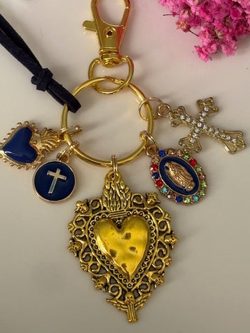 Porte-clés vierge Marie coeur sacré et croix, cadeau pour maman vierge, breloque vierge médaille miraculeuse, porte clés ex voto