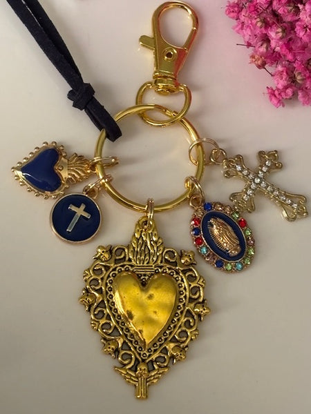 Porte-clés vierge Marie coeur sacré et croix, cadeau pour maman vierge, breloque vierge médaille miraculeuse, porte clés ex voto