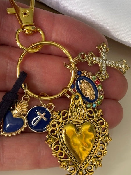 Porte-clés vierge Marie coeur sacré et croix, cadeau pour maman vierge, breloque vierge médaille miraculeuse, porte clés ex voto