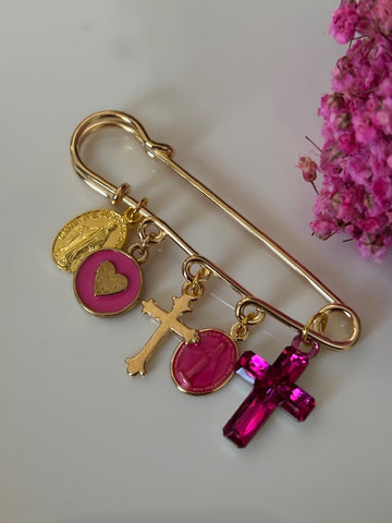 Broche ex voto, broche croix médaille religieuse, cadeau pour maman croix, cadeau pour femme croix, breloque croix fuchsia