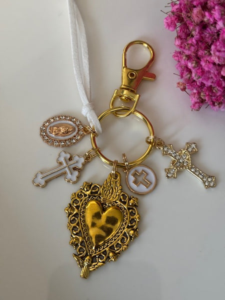 Porte-clés vierge Marie coeur sacré et croix, cadeau pour maman vierge, breloque vierge médaille miraculeuse, porte clés ex voto