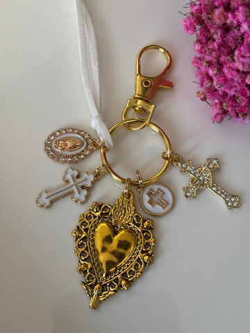Porte-clés vierge Marie coeur sacré et croix, cadeau pour maman vierge, breloque vierge médaille miraculeuse, porte clés ex voto