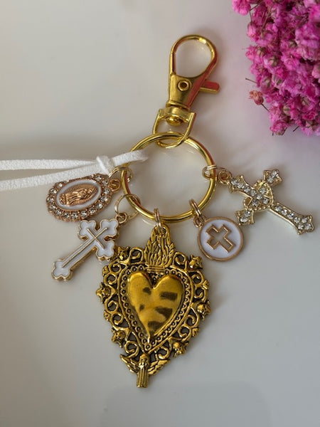Porte-clés vierge Marie coeur sacré et croix, cadeau pour maman vierge, breloque vierge médaille miraculeuse, porte clés ex voto