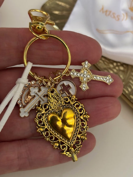 Porte-clés vierge Marie coeur sacré et croix, cadeau pour maman vierge, breloque vierge médaille miraculeuse, porte clés ex voto