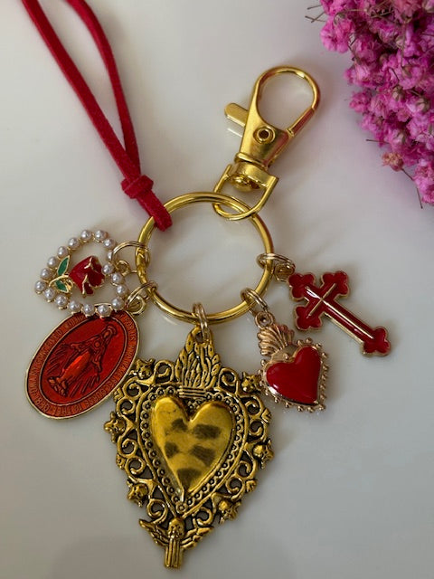 Porte-clés vierge Marie coeur sacré et croix, cadeau pour maman vierge de la Guadeloupe, breloque vierge médaille miraculeuse, ex voto bijou