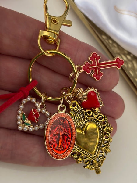 Porte-clés vierge Marie coeur sacré et croix, cadeau pour maman vierge de la Guadeloupe, breloque vierge médaille miraculeuse, ex voto bijou