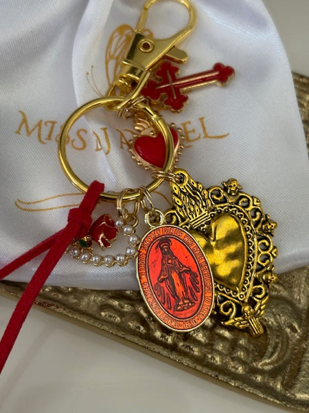Porte-clés vierge Marie coeur sacré et croix, cadeau pour maman vierge de la Guadeloupe, breloque vierge médaille miraculeuse, ex voto bijou