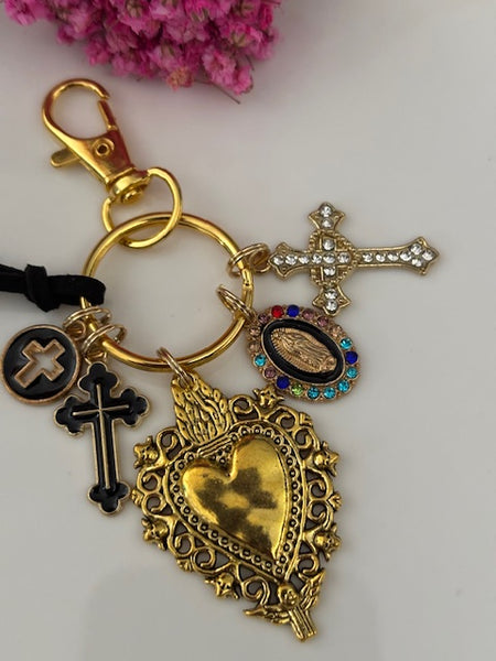 Porte-clés vierge Marie coeur sacré et croix, cadeau pour maman vierge, breloque vierge médaille miraculeuse, porte clés ex voto
