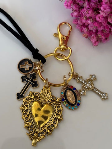 Porte-clés vierge Marie coeur sacré et croix, cadeau pour maman vierge, breloque vierge médaille miraculeuse, porte clés ex voto