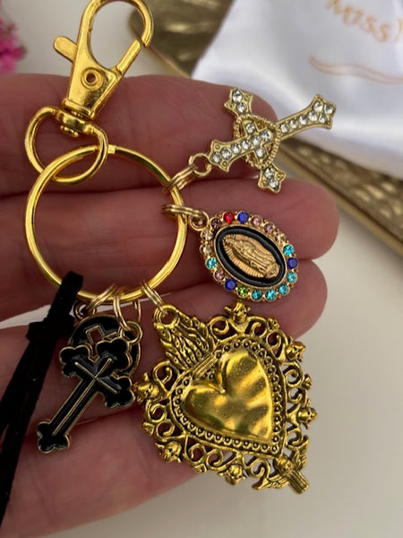 Porte-clés vierge Marie coeur sacré et croix, cadeau pour maman vierge, breloque vierge médaille miraculeuse, porte clés ex voto