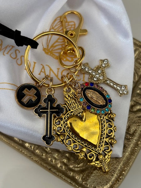Porte-clés vierge Marie coeur sacré et croix, cadeau pour maman vierge, breloque vierge médaille miraculeuse, porte clés ex voto