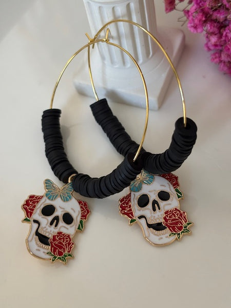 Boucles d'oreille créole tête de mort mexicaine, créoles perles et calavera noire, pendentif calavera kawaii, cadeau pour maman calavera