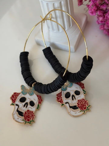 Boucles d'oreille créole tête de mort mexicaine, créoles perles et calavera noire, pendentif calavera kawaii, cadeau pour maman calavera