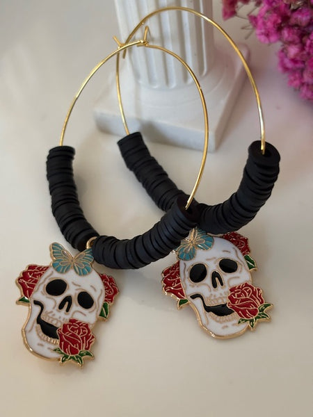 Boucles d'oreille créole tête de mort mexicaine, créoles perles et calavera noire, pendentif calavera kawaii, cadeau pour maman calavera