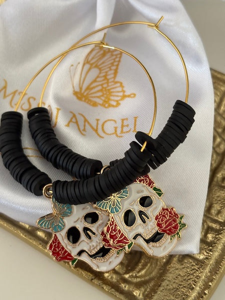 Boucles d'oreille créole tête de mort mexicaine, créoles perles et calavera noire, pendentif calavera kawaii, cadeau pour maman calavera