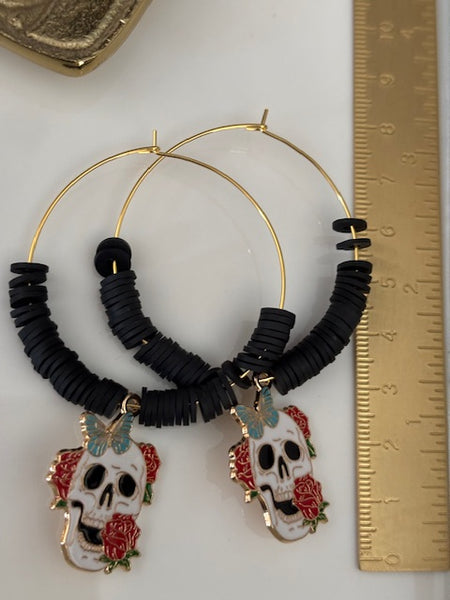 Boucles d'oreille créole tête de mort mexicaine, créoles perles et calavera noire, pendentif calavera kawaii, cadeau pour maman calavera
