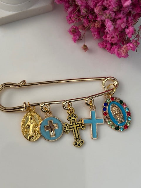 Broche ex voto, broche médaille religieuse, broche épingle porte bonheur, croix et vierge miraculeuse fait main, broche protection croix