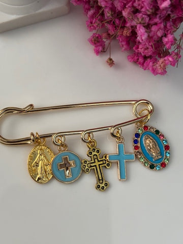Broche ex voto, broche médaille religieuse, broche épingle porte bonheur, croix et vierge miraculeuse fait main, broche protection croix