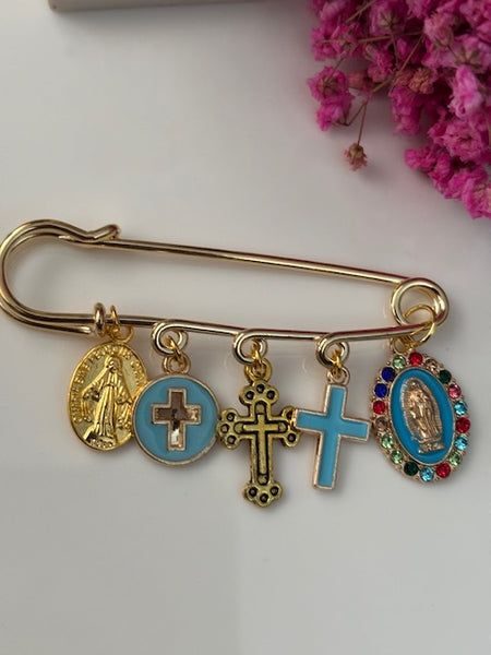 Broche ex voto, broche médaille religieuse, broche épingle porte bonheur, croix et vierge miraculeuse fait main, broche protection croix