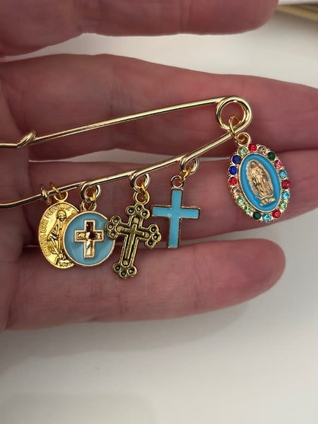 Broche ex voto, broche médaille religieuse, broche épingle porte bonheur, croix et vierge miraculeuse fait main, broche protection croix
