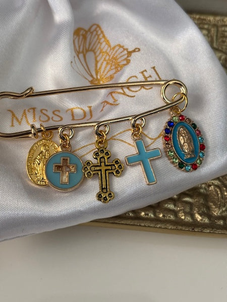 Broche ex voto, broche médaille religieuse, broche épingle porte bonheur, croix et vierge miraculeuse fait main, broche protection croix