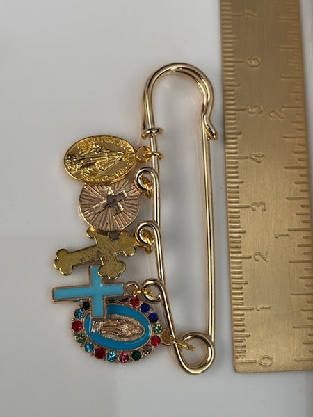 Broche ex voto, broche médaille religieuse, broche épingle porte bonheur, croix et vierge miraculeuse fait main, broche protection croix