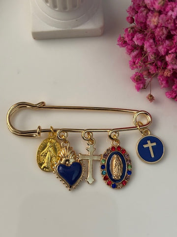 Broche ex voto, broche médaille religieuse, broche épingle porte bonheur, croix et vierge miraculeuse fait main avec amour.