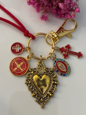 Porte-clés vierge Marie coeur sacré et croix, cadeau pour maman vierge, breloque vierge médaille miraculeuse, médaille saint benoit