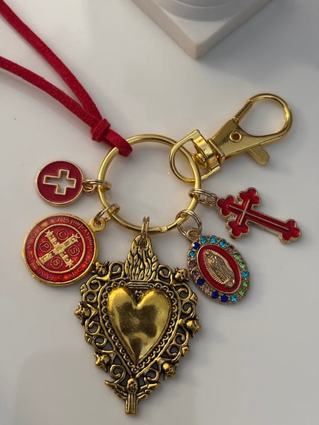 Porte-clés vierge Marie coeur sacré et croix, cadeau pour maman vierge, breloque vierge médaille miraculeuse, médaille saint benoit