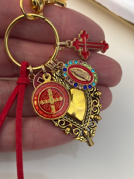 Porte-clés vierge Marie coeur sacré et croix, cadeau pour maman vierge, breloque vierge médaille miraculeuse, médaille saint benoit