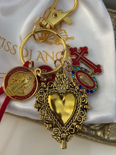 Porte-clés vierge Marie coeur sacré et croix, cadeau pour maman vierge, breloque vierge médaille miraculeuse, médaille saint benoit