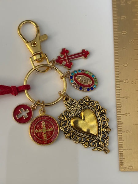 Porte-clés vierge Marie coeur sacré et croix, cadeau pour maman vierge, breloque vierge médaille miraculeuse, médaille saint benoit