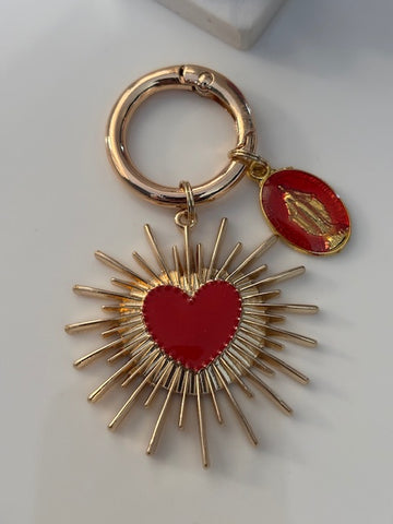 Charms porte clé ex voto coeur sacré, charms pour sac ex voto, cadeau pour femme charms coeur sacré, coeurs doré médaile religieuse